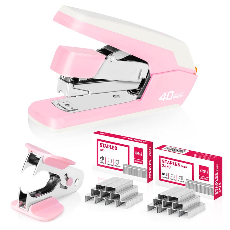 Deli Effortless Desktop Stapler, Heavy Duty Stapler, 40 Sheet Capacity, One Finger, No Effort, Includes Staples & Staple Remover, Pink - Image 1